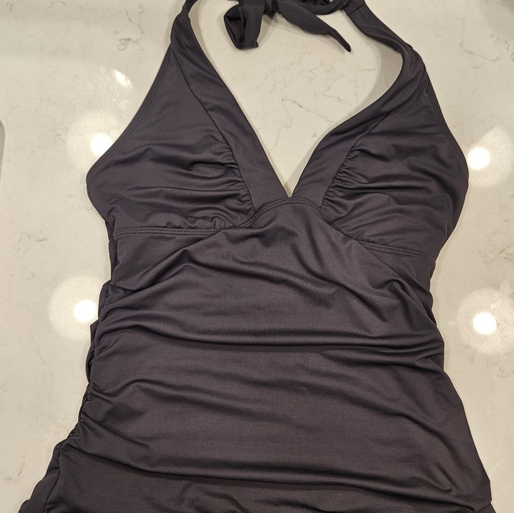 Athleta Plunge Halter Swim Tank Top Small Gray